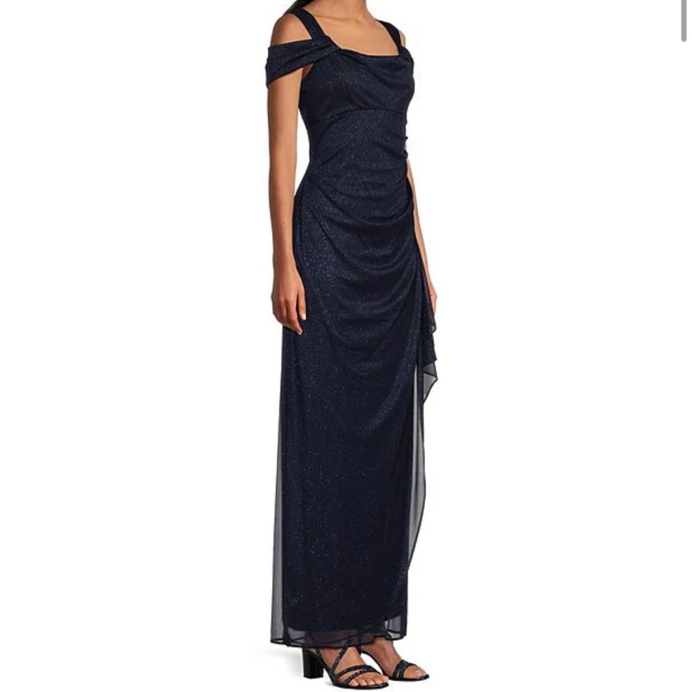 Glitter Mesh Cowl Neck Cold Shoulder Cap Sleeve Side Slit Ruched Gown